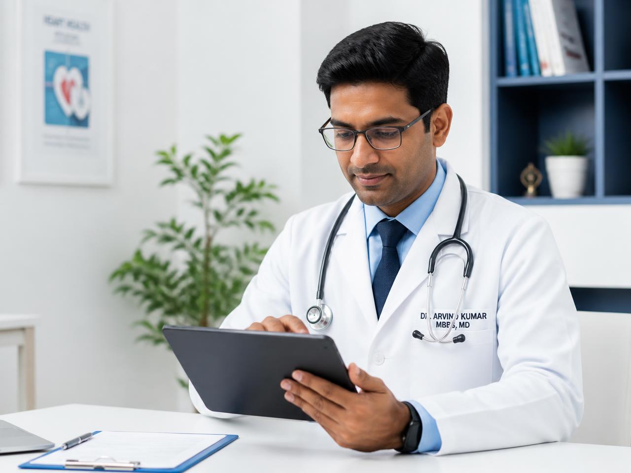 Indian doctor using ClinicalFlow clinic software on a tablet